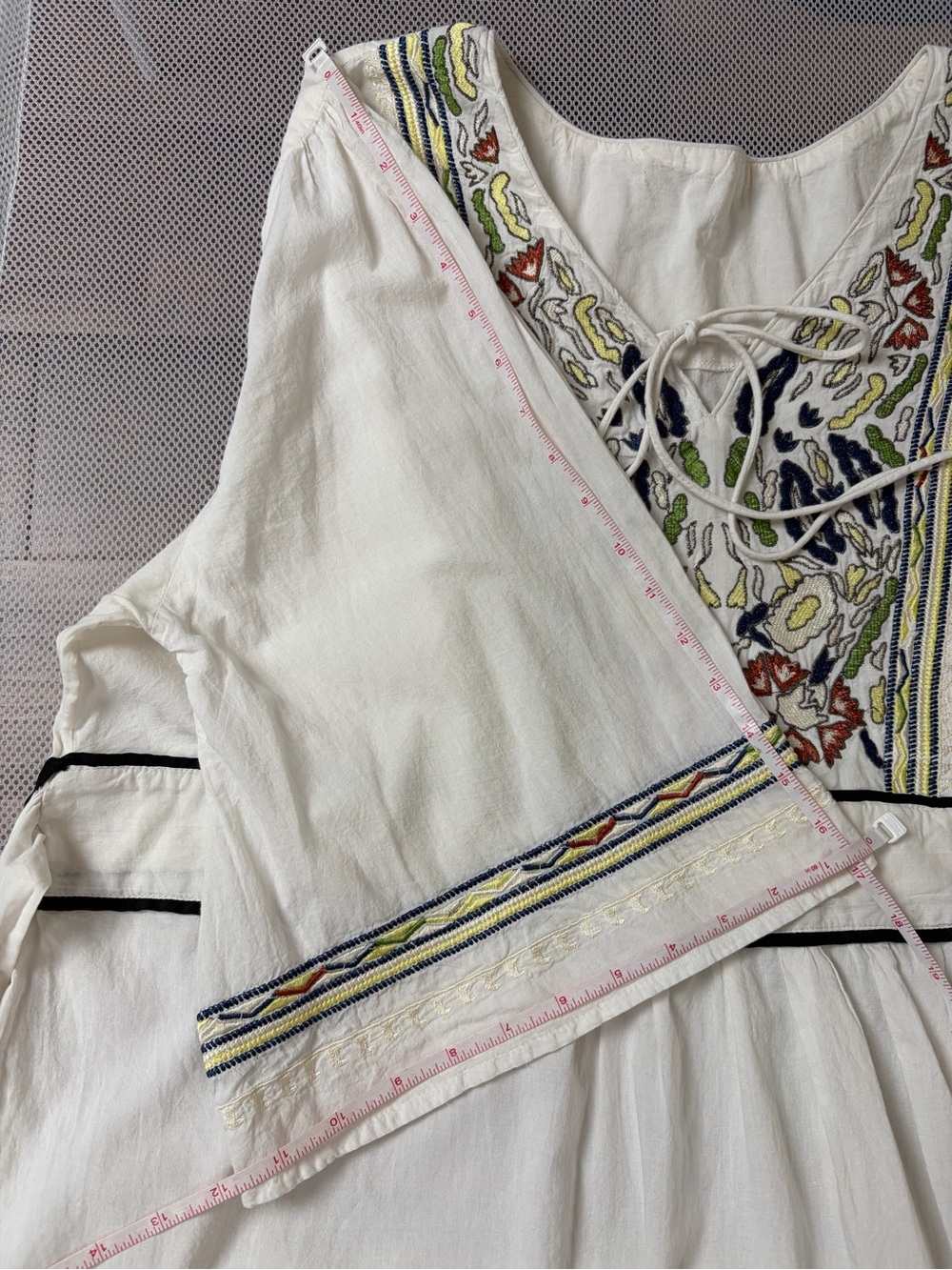 Boho Embroidered Tie Waist Tunic Mini Dress White Caftan Peasant Festival XL/2XL - Picture 12 of 15